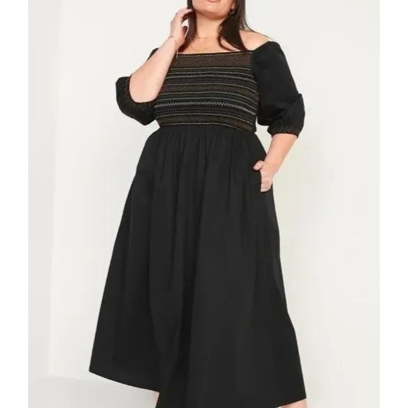 New Old Navy Maxi Dress Sz 4X Black Smocked Embroidered‎ Peasant Milk Maid Fall - Picture 1 of 13